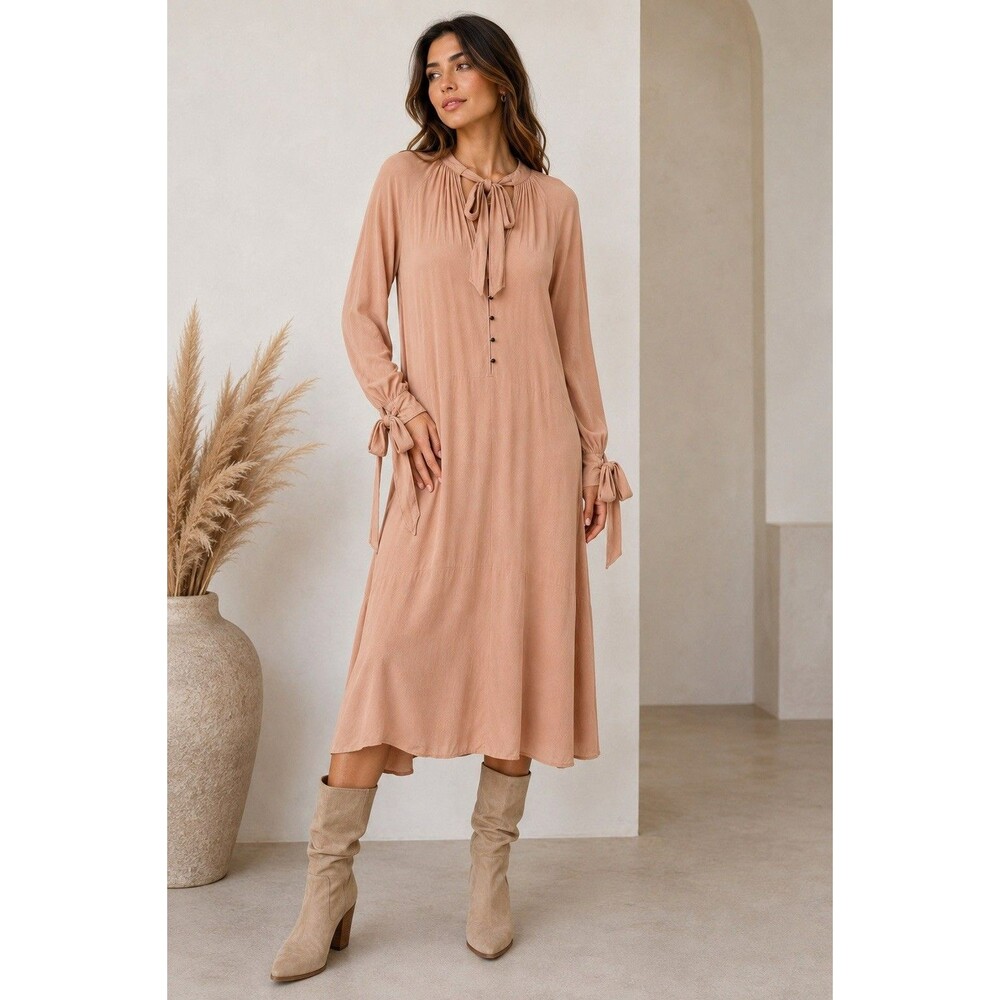 ZARA TRF Women’s M Blush Tie Neck Long Sleeve Midi Dress Bow Cuff Morocco